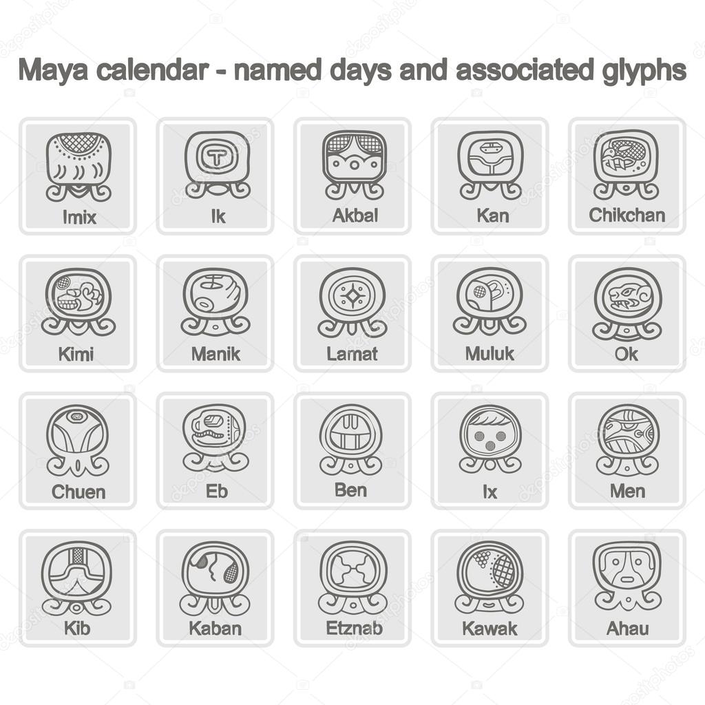 set of monochrome icons with  Maya calendar named days and associated glyphs