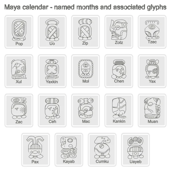 Conjunto de iconos monocromáticos con calendario maya nombrado mes y glifos asociados — Archivo Imágenes Vectoriales