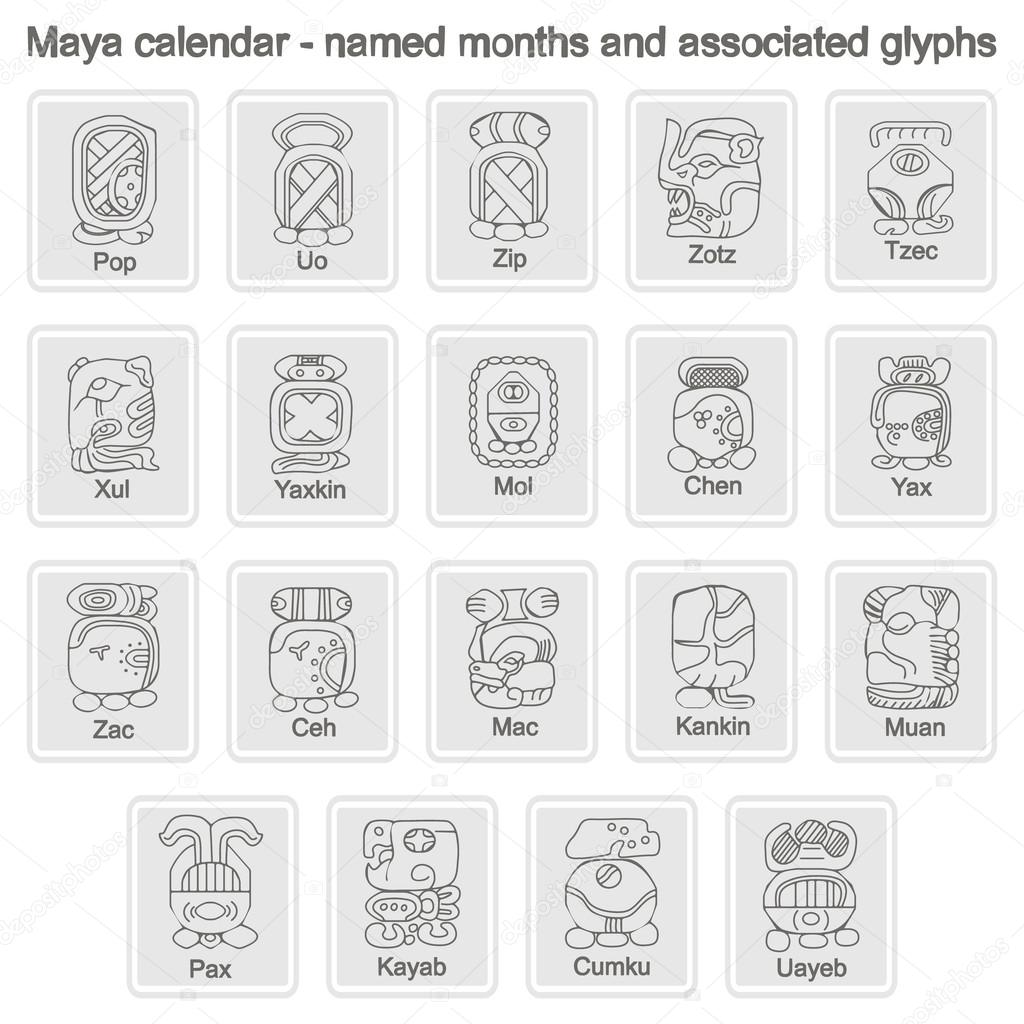 Set of monochrome icons with  Maya calendar named month and associated glyphs