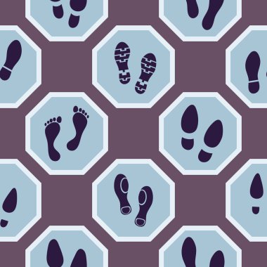 Seamless background with footprints and shoeprint icons clipart