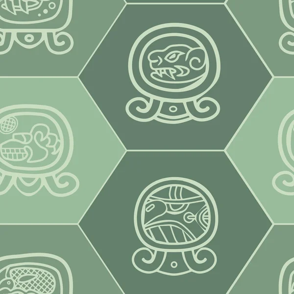 Fond sans couture avec calendrier maya nommé jours et glyphes associés — Image vectorielle