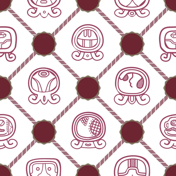 Fond sans couture avec calendrier maya nommé jours et glyphes associés — Image vectorielle