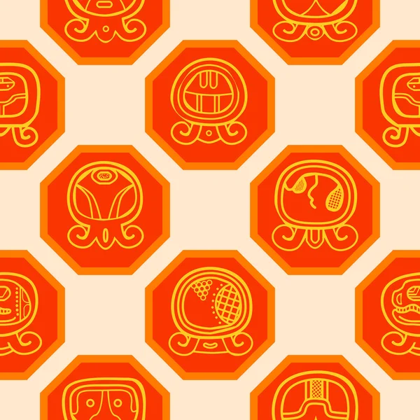 Fond sans couture avec calendrier maya nommé jours et glyphes associés — Image vectorielle