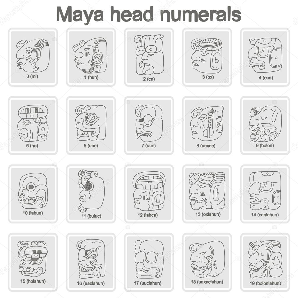 Set of monochrome icons with Maya head numerals  glyphs