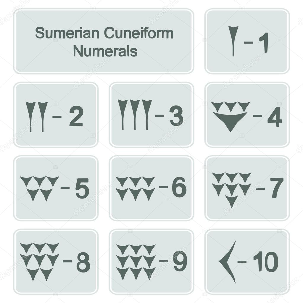 set of monochrome icons with sumerian cuneiform numerals