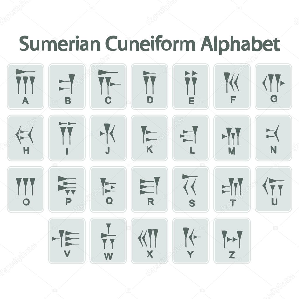 set of monochrome icons with sumerian cuneiform alphabet