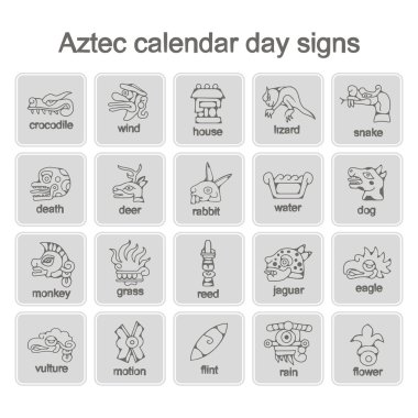 set of monochrome icons with Aztec calendar Day signs clipart
