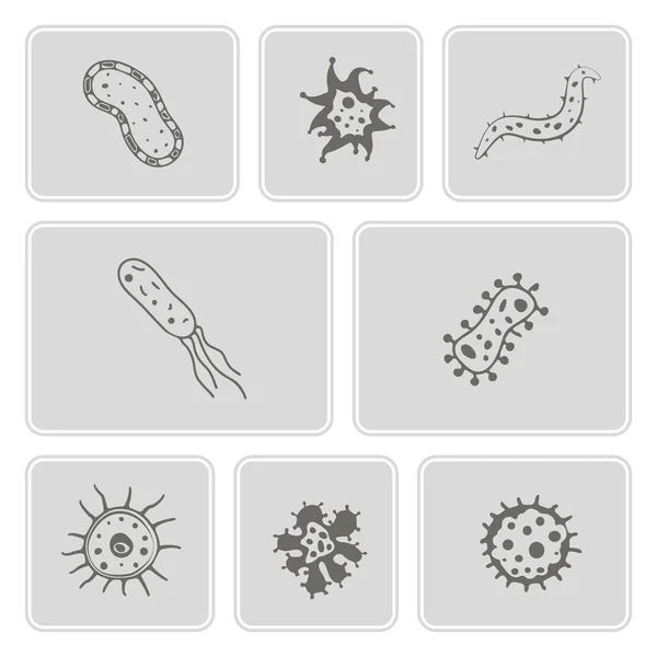 Conjunto de iconos monocromáticos con bacterias — Vector de stock