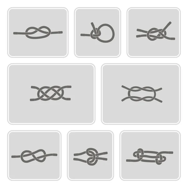 Set of monochrome icons with nautical rope knots — Stock Vector