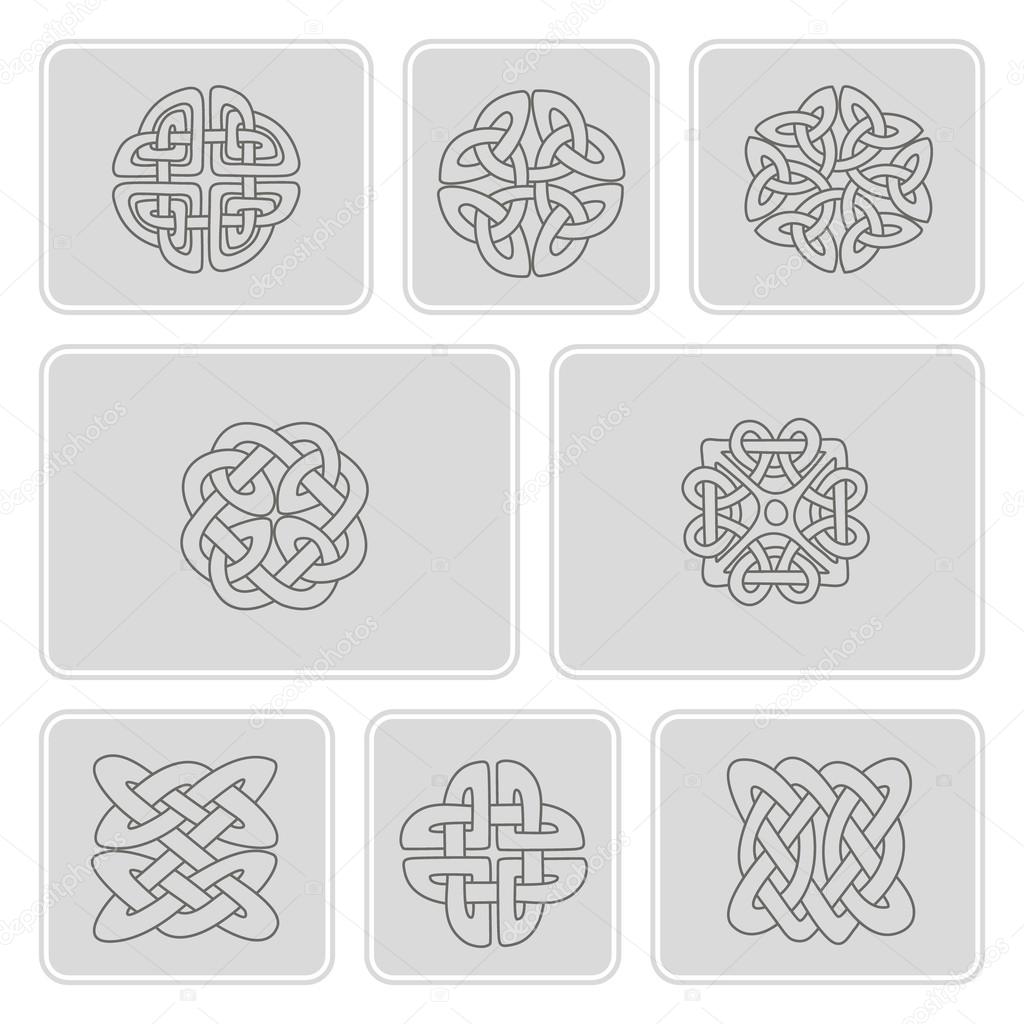 set of monochrome icons with celtic art and ethnic ornaments