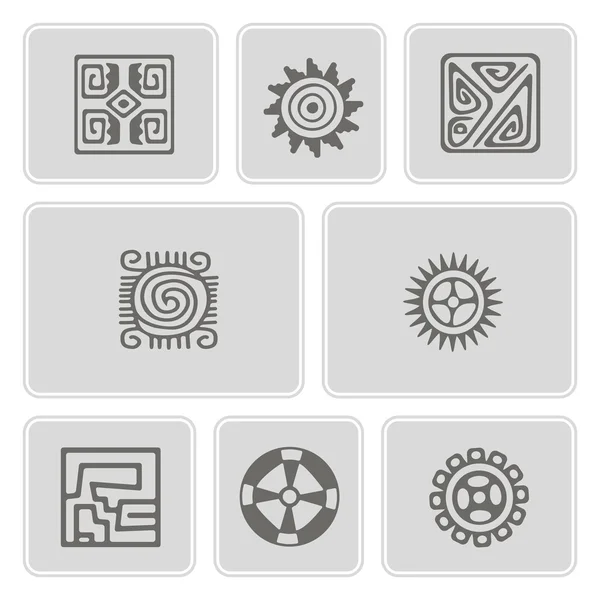 Conjunto de iconos monocromáticos con el arte de los indios americanos y ornamentos étnicos — Vector de stock