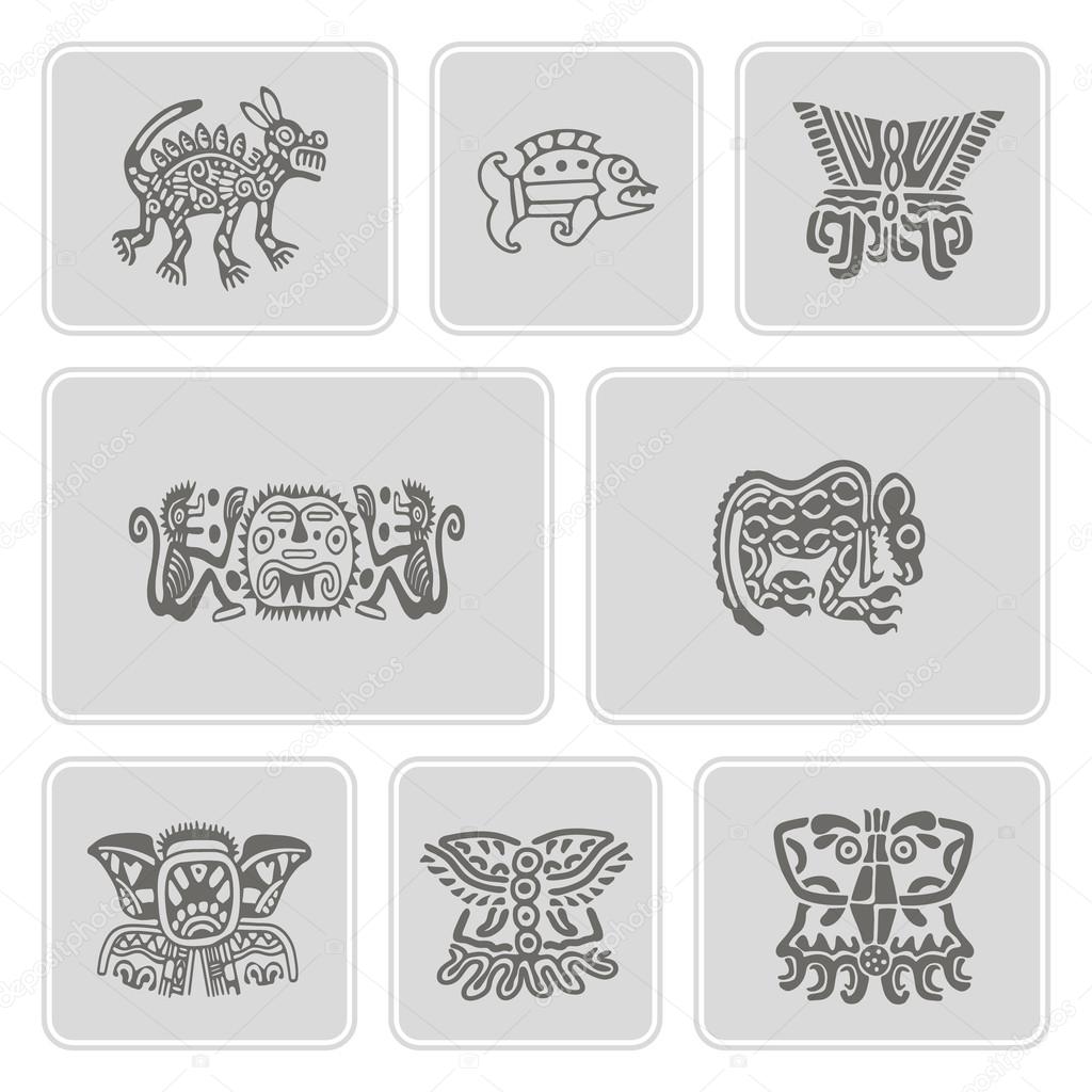 set of monochrome icons with American Indians relics dingbats characters