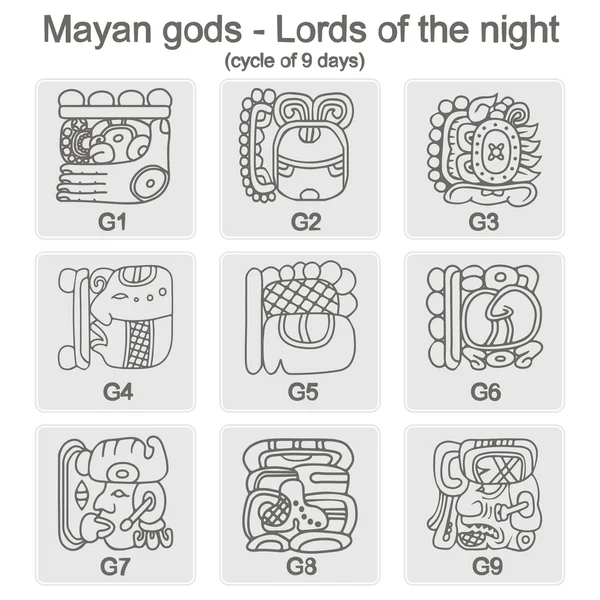 Conjunto de iconos monocromáticos con glifos del Señor de la Noche Maya — Vector de stock