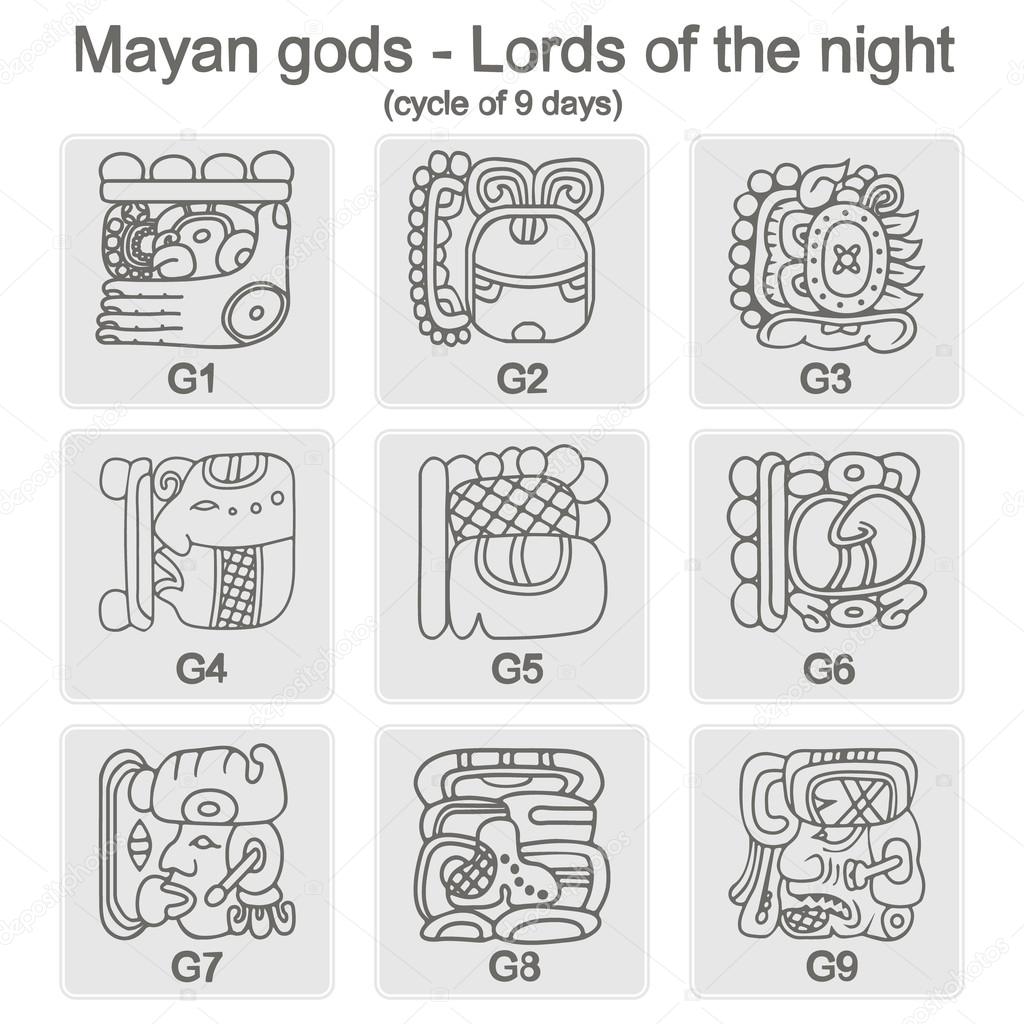 set of monochrome icons with  glyphs of the Maya Night Lord