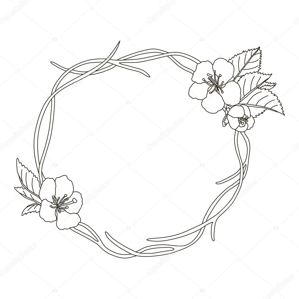 vector hand drawn wreath with cherry blossom on branches round frame