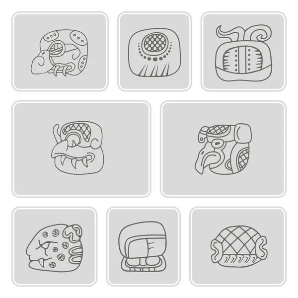 Set of monochrome icons with glyphs of the Mayan writing — Stock Vector