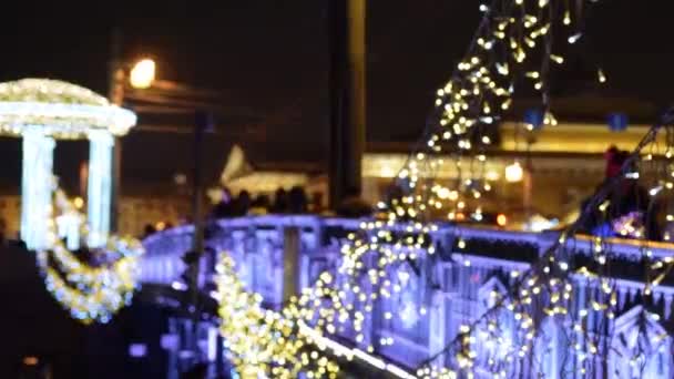 View Bridge Night City People Walk Bridge Happy Illumination Concept — Stock Video