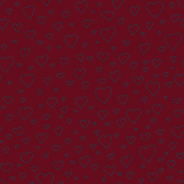 Sevgililer günü, Anneler Günü 'nde el çizimi kusursuz desen. İşaretler farklı kalp şekilleri ve siluetler çizmiş. Kartpostallar, ambalaj kağıtları, tekstil ve dekoratif baskılar için tatlı aşk dokusu.