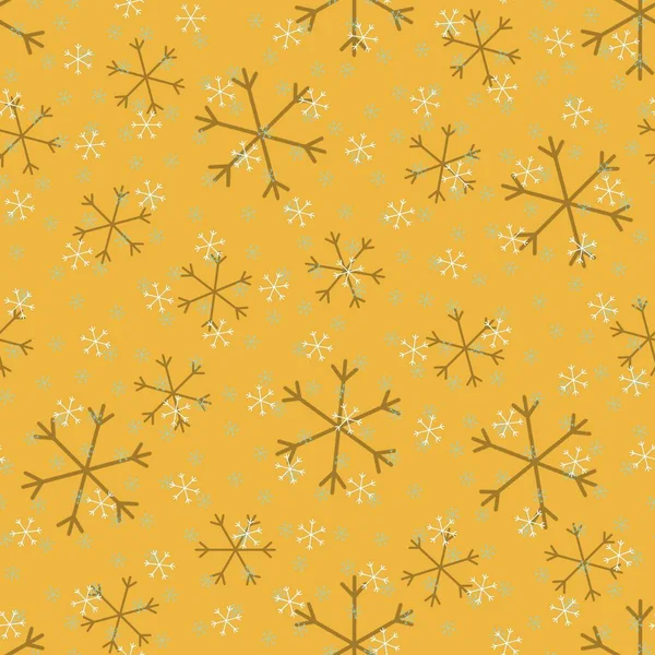 手のランダムな描かれた雪のフレークとシームレスなクリスマスパターンのドア プレゼントのための包装紙 面白い繊維生地の印刷 デザイン 食品包装 新年ラスターコピー マスタードホワイト — ストック写真