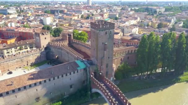 Verona Italien Luftaufnahme Der Castelvecchio Brücke Ponte Castelvecchio Und Der — Stockvideo