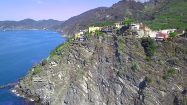 Panoramisch Uitzicht Vanuit Lucht Vanaf Corniglia Drone Vliegt Richting Corniglia — Stockvideo