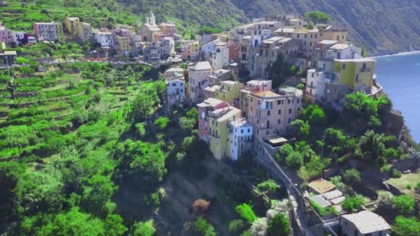 Vlucht Met Een Drone Van Corniglia Village Één Van Cinque — Stockvideo