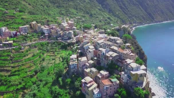 Vlucht Door Een Drone Van Corniglia Dorp Een Van Cinque — Stockvideo