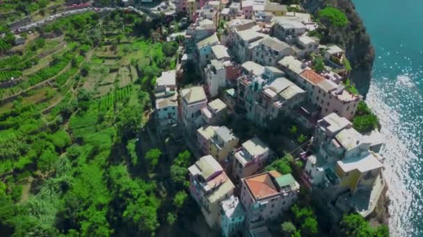 Flight Bird Eye Drone Panoramic View Corniglia Village One Cinque — Stock Video