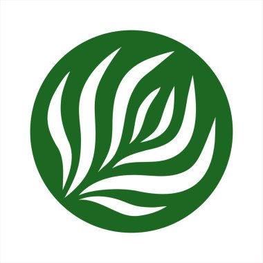 Vektör soyut yeşil yuvarlak logo tasarım şablonları - bütünsel tıp merkezleri, doğal ve organik gıda ürünleri ve ambalajları için amblemler. Yeşil arkaplanda yaprakları olan beyaz dallı etiket