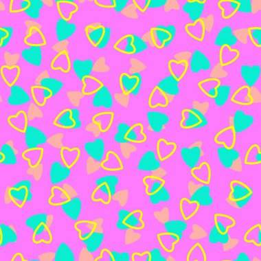 Basit, pürüzsüz bir şablon, küçük kalp siluetlerinden yapılmış sonsuz kaotik doku. Sevgililer Günü, anneler günü geçmişi. Sarı, gök mavisi, pembe. Paskalya, düğün, hatıra defteri, hediye paketi, tekstil için harika.