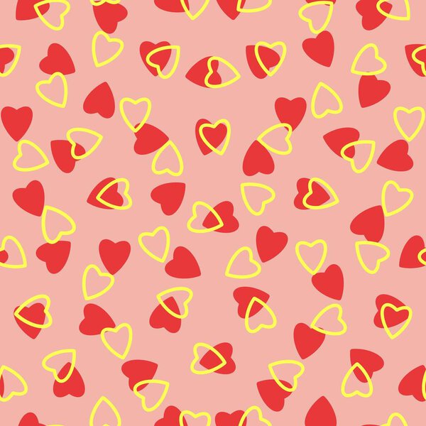 Simple hearts seamless pattern, endless chaotic texture made of tiny heart silhouettes.Valentines, mothers day background.Red, yellow, peach.Great for Easter, wedding, scrapbook, gift wrapping paper, textiles