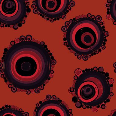 Geometrik dikişsiz desen, birbirine mükemmel bir şekilde bağlanmış, farklı boyutlarda daireler. Tekstil, ambalaj kâğıdı, afiş için tekrar eden desen. Terracotta üzerinde siyah..