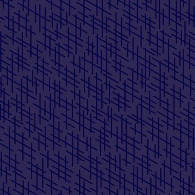 Desen oluşturan rastgele çizgiler. Karmaşık kısa çizgiler, dikişsiz desen, çip ve modern tekrarlanabilir motifler. Baskı, tekstil, kumaş, arkaplan, ambalaj kağıdı için iyi. Mavi mor renkler..