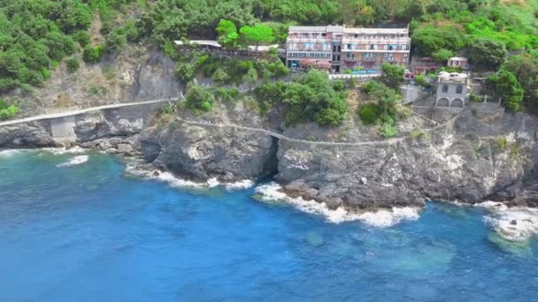 Monterosso Fem Och Mest Populära Gamla Byn Cinque Terre Drönaren — Stockvideo