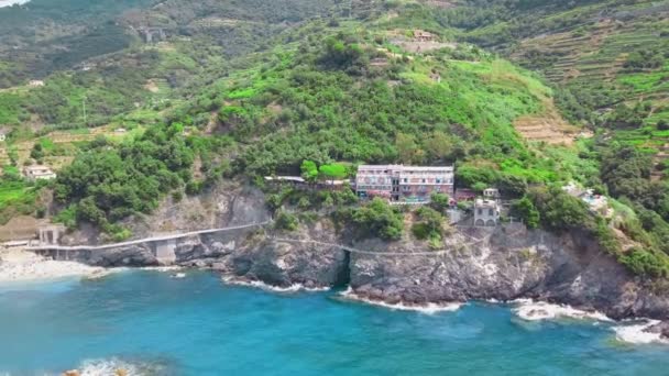 Monterosso Fem Och Mest Populära Gamla Byn Cinque Terre Vineyards — Stockvideo