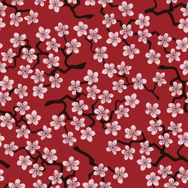 Kumaş, ambalaj, duvar kağıdı, tekstil dekoru, tasarım, davetiyeler, davetiyeler, baskı, hediye paketi, imalat için Japon kiraz sakura dallarıyla kusursuz desen. Kırmızı arka planda pembe çiçekler.