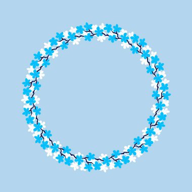 Renkli çiçek çelengi. Hassas sakura dalları çelengi. Çiçekler el çizimi, çember şeklinde, cyan ve beyaz renkli çiçekler. Davetiye, düğün davetiyesi veya tebrik kartı için tasarım