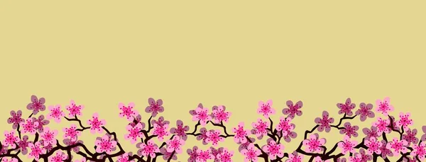 Kwiatowy Baner Powitalny Pięknym Różowym Kwiatem Gałązka Kwiatów Sakura Żółte — Zdjęcie stockowe