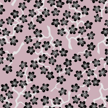 Kumaş, ambalaj, duvar kâğıdı, tekstil dekoru, tasarım, davetiyeler, baskı, hediye paketi, imalat için Japon kiraz sakura dallarıyla kusursuz desen. Kahve arka planında siyah çiçekler