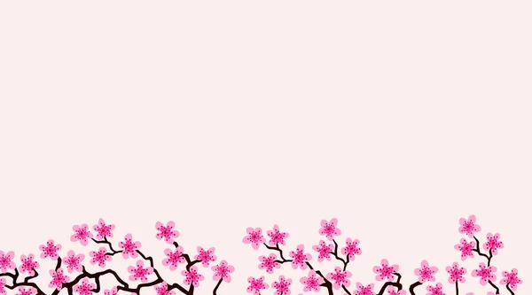 Çiçekli sakura çiçekli pankart. Çiçekli düğün davetiyesi şablonu tasarımı. Yazın fuşya çiçeklerinin açık pembe arka planı, sakura dalı süslemesi, kopyalama alanı. Kartpostal Anne, Kadınlar Günü.