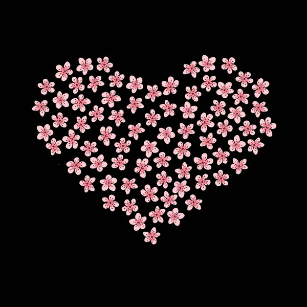 Modern Business card Design Template with heart made of pink sakura flowers decoration on black background. Template of premium gift voucher, discount coupon, Greeting card, packing. Copy space text