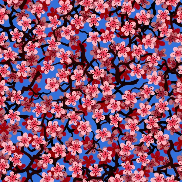 Kumaş, ambalaj, duvar kâğıdı, tekstil dekoru, tasarım, davetiyeler, baskı, hediye paketi, imalat için Japon kiraz sakura dallarıyla kusursuz desen. Cyan arka planda pembe çiçekler