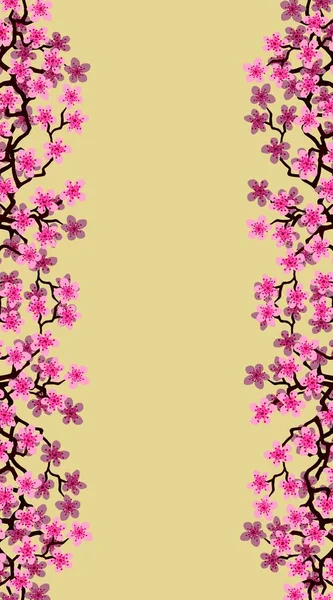 Çiçek açan güzel pembe çiçekli dikey çiçek afişi Sakura. Sarı arkaplan. Çiçek açan kiraz dalında kopya alanı olan sarı arkaplan. Düğün davetiyesi için güzel bir kartpostal.