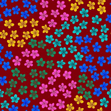 Kumaş, ambalaj, duvar kağıdı, tekstil dekoru, tasarım, davetiyeler, baskı, hediye paketi ve imalat için Japon kirazlı sakura ile kusursuz desen. Burgonya arka planında renkli çiçekler