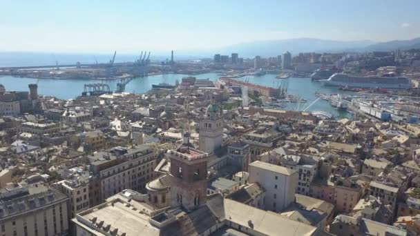 Aerial Panoramic Drone View Buildings Streets Surrounding Port Genoa Cruise — Vídeos de Stock