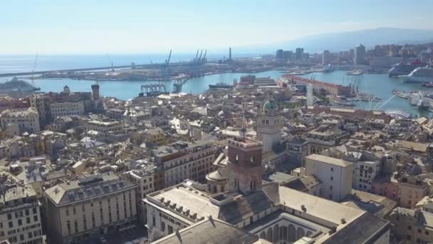 Aerial Panoramic Drone View Buildings Streets Surrounding Port Genoa Old — Stock video