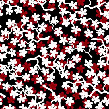 Kumaş, ambalaj, duvar kağıdı, tekstil dekoru, tasarım, davetiyeler, hediye paketi, imalat için çiçek açan Japon kiraz sakura dallarıyla kusursuz desen. Siyah arka planda kırmızı ve beyaz çiçekler.