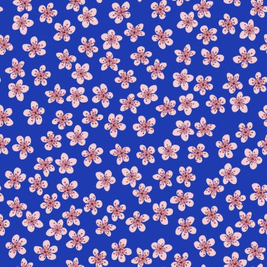 Kumaş, ambalaj, duvar kağıdı, tekstil dekoru, tasarım, davetiyeler, baskı, hediye paketi ve imalat için Japon kirazlı sakura ile kusursuz desen. Mavi arka planda pembe çiçekler