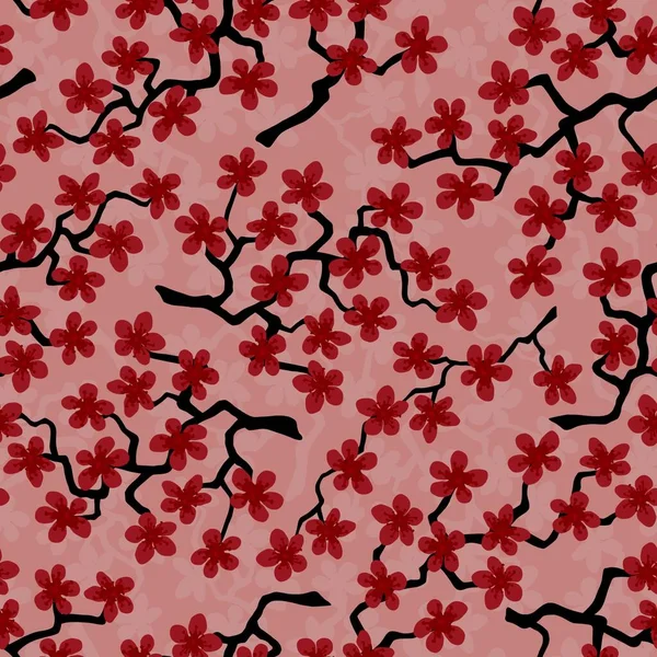 Kumaş, ambalaj, duvar kâğıdı, tekstil dekoru, tasarım, davetiyeler, baskı, hediye paketi, imalat için Japon kiraz sakura dallarıyla kusursuz desen. Somon arka planında kırmızı çiçekler