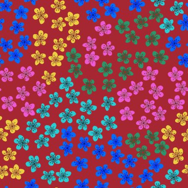 Kumaş, ambalaj, duvar kağıdı, tekstil dekoru, tasarım, davetiyeler, baskı, hediye paketi ve imalat için Japon kirazlı sakura ile kusursuz desen. Kırmızı arkaplanda renkli çiçekler